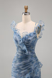 Dusty Blue Chiffon Mermaid Ruched Long Floral Dress with Ruffles