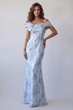 Mermaid Off the Shoulder Sky Blue Long Floral Dress