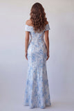 Mermaid Off the Shoulder Sky Blue Long Floral Dress