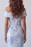 Mermaid Off the Shoulder Sky Blue Long Floral Dress