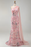 Sparkly Pink Mermaid Sequin Long Mother of the Bride Dress with Side Cape