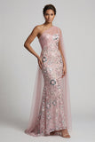 Sparkly Pink Mermaid Sequin Long Mother of the Bride Dress with Side Cape