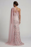 Sparkly Pink Mermaid Sequin Long Mother of the Bride Dress with Side Cape
