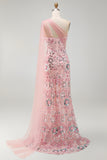 Sparkly Pink Mermaid Sequin Long Mother of the Bride Dress with Side Cape