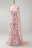 Sparkly Pink Mermaid Sequin Long Mother of the Bride Dress with Side Cape