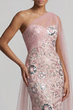 Sparkly Pink Mermaid Sequin Long Mother of the Bride Dress with Side Cape
