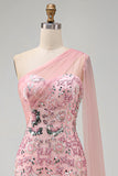 Sparkly Pink Mermaid Sequin Long Mother of the Bride Dress with Side Cape