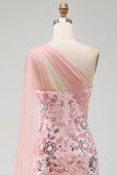 Sparkly Pink Mermaid Sequin Long Mother of the Bride Dress with Side Cape