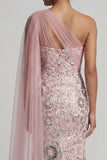 Sparkly Pink Mermaid Sequin Long Mother of the Bride Dress with Side Cape