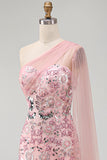 Sparkly Pink Mermaid Sequin Long Mother of the Bride Dress with Side Cape