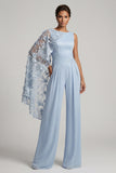 Sky Blue Boat Neck 3D Flowers Long Mother of the Bride Jumpsuits with Side Cape