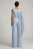 Sky Blue Boat Neck 3D Flowers Long Mother of the Bride Jumpsuits with Side Cape