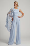 Sky Blue Boat Neck 3D Flowers Long Mother of the Bride Jumpsuits with Side Cape