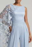 Sky Blue Boat Neck 3D Flowers Long Mother of the Bride Jumpsuits with Side Cape