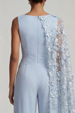 Sky Blue Boat Neck 3D Flowers Long Mother of the Bride Jumpsuits with Side Cape