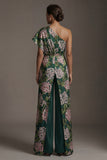 Dark Green Floral One Shoulder Long Mother of the Bride Jumpsuits with Pockets