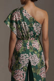 Dark Green Floral One Shoulder Long Mother of the Bride Jumpsuits with Pockets