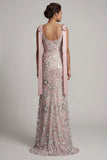 Sparkly Pink Boat Neck Mermaid Long Mother of the Bride Dress with Bows