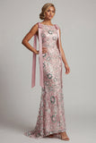 Sparkly Pink Boat Neck Mermaid Long Mother of the Bride Dress with Bows