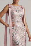 Sparkly Pink Boat Neck Mermaid Long Mother of the Bride Dress with Bows