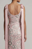Sparkly Pink Boat Neck Mermaid Long Mother of the Bride Dress with Bows