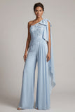 One Shoulder Sky Blue Chiffon Long Mother of the Bride Jumpsuits with Sash