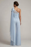 One Shoulder Sky Blue Chiffon Long Mother of the Bride Jumpsuits with Sash