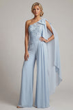 One Shoulder Sky Blue Chiffon Long Mother of the Bride Jumpsuits with Sash