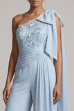 One Shoulder Sky Blue Chiffon Long Mother of the Bride Jumpsuits with Sash