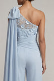 One Shoulder Sky Blue Chiffon Long Mother of the Bride Jumpsuits with Sash