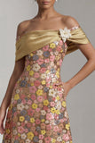 Yellow Sequin Off the Shoulder A Line Long Mother of the Bride Dress