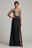 Black A Line V-Neck Long Floral Mother of the Bride Dress with Slit