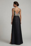 Black A Line V-Neck Long Floral Mother of the Bride Dress with Slit