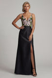 Black A Line V-Neck Long Floral Mother of the Bride Dress with Slit