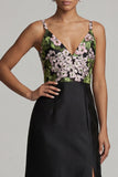 Black A Line V-Neck Long Floral Mother of the Bride Dress with Slit