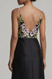 Black A Line V-Neck Long Floral Mother of the Bride Dress with Slit