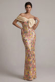 Off the Shoulder Floral Mermaid Yellow Sequin Long Mother of the Bride Dress with Bow