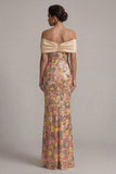 Off the Shoulder Floral Mermaid Yellow Sequin Long Mother of the Bride Dress with Bow