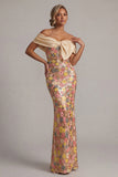 Off the Shoulder Floral Mermaid Yellow Sequin Long Mother of the Bride Dress with Bow