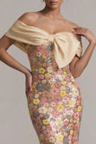 Off the Shoulder Floral Mermaid Yellow Sequin Long Mother of the Bride Dress with Bow