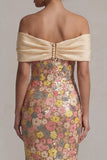 Off the Shoulder Floral Mermaid Yellow Sequin Long Mother of the Bride Dress with Bow