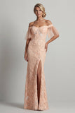 Peach Floral Mermaid Off The Shoulder Mother of the Bride Dress with Slit