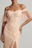 Peach Floral Mermaid Off The Shoulder Mother of the Bride Dress with Slit