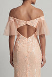 Peach Floral Mermaid Off The Shoulder Mother of the Bride Dress with Slit