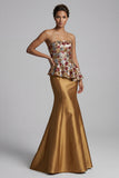 Strapless Mermaid Gold Floral Long Mother of the Bride Dress with Sequins