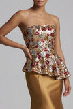 Strapless Mermaid Gold Floral Long Mother of the Bride Dress with Sequins