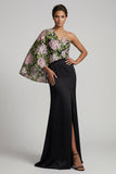 Black One Shoulder Floral Mermaid Long Mother of the Bride Dress with Slit