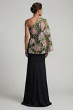 Black One Shoulder Floral Mermaid Long Mother of the Bride Dress with Slit
