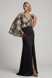 Black One Shoulder Floral Mermaid Long Mother of the Bride Dress with Slit