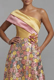 Sparkly Yellow One Shoulder Long Floral A Line Mother of the Bride Dress